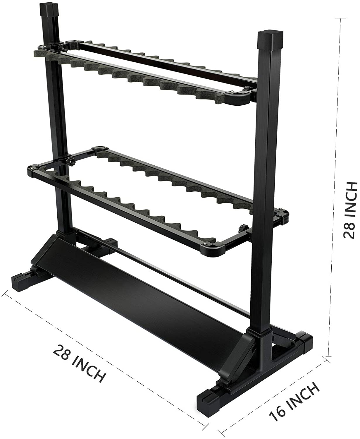 LUXHMOX Fishing-Holder Stand displaying 24 fishing rods organized neatly with reels attached, showcasing its sturdy and space-saving design.